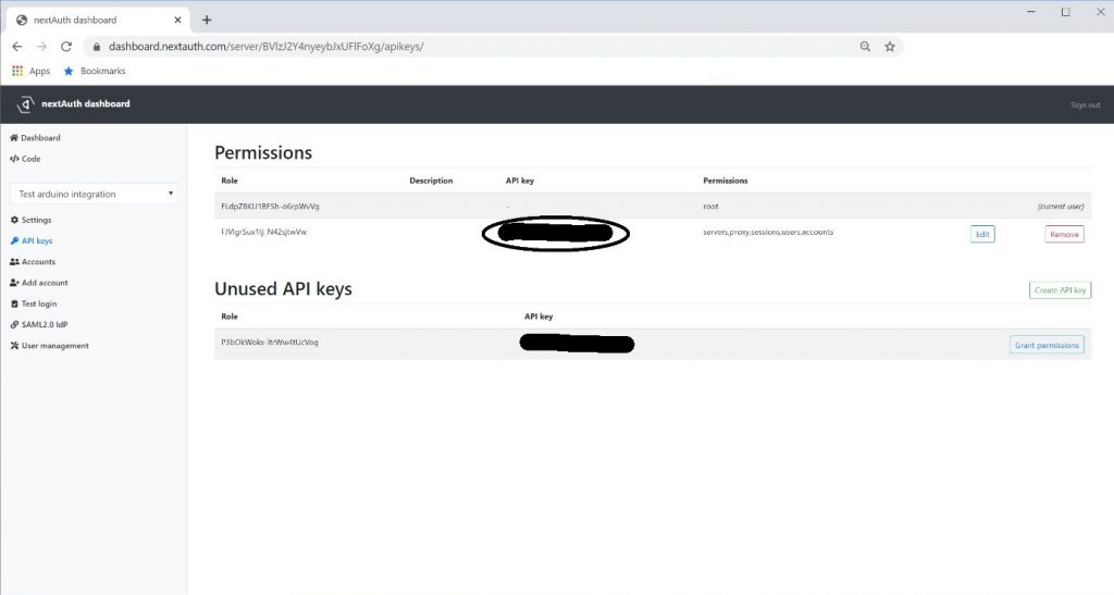 Dashboard API keys